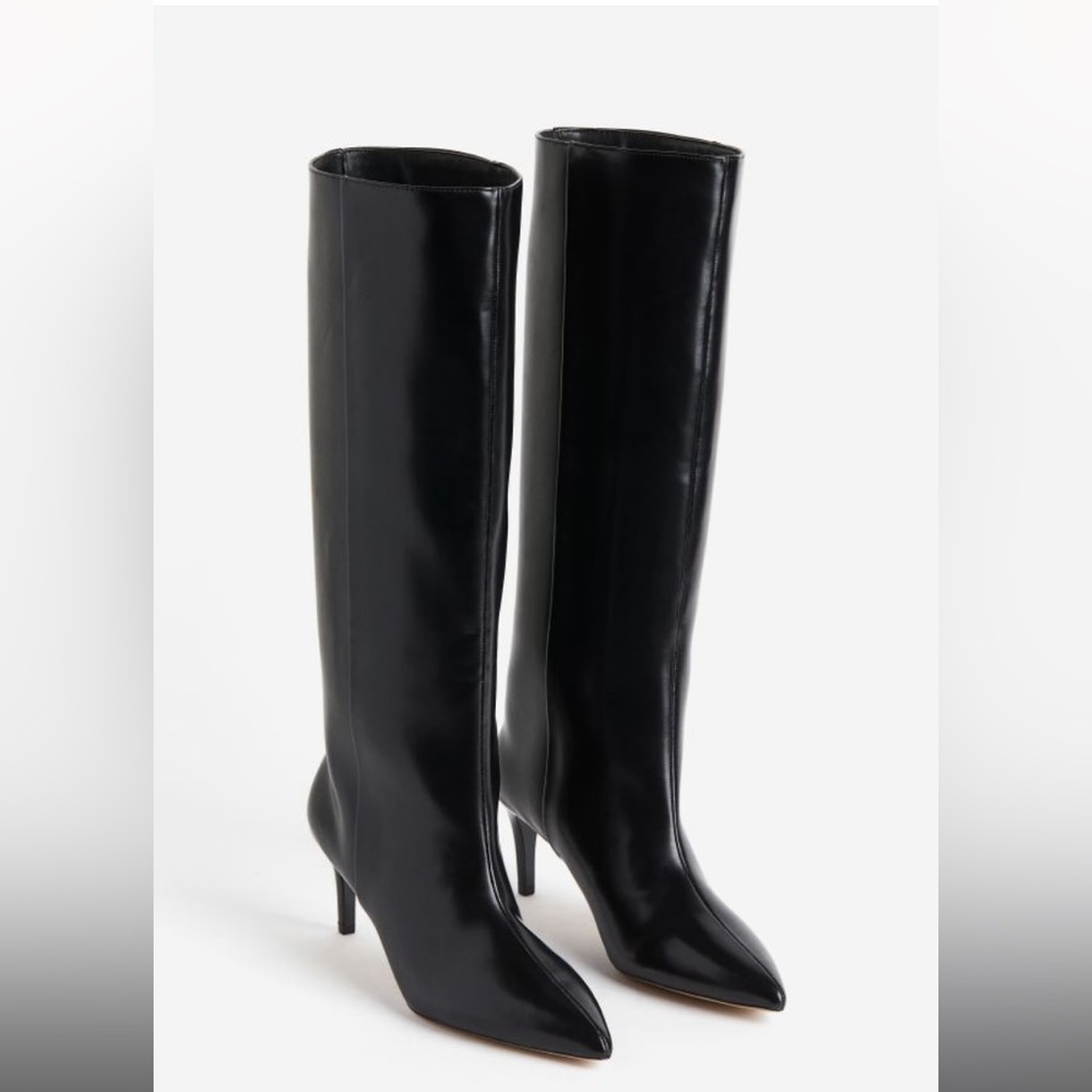 H&M knee-high boots with pointed toe, satin lining,and narrow covered